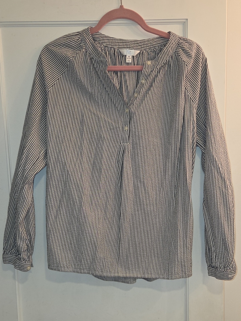Time and Tru Grey and White Striped Henley Tunic Top